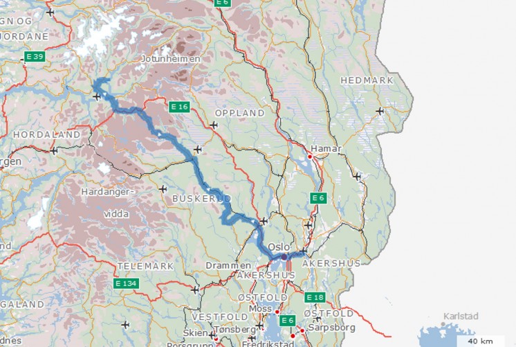 1-й день автопутешествия. Автомобильный маршрут на первый день (от аэропорта Lillestrom до поселка Urnes, 375 км)