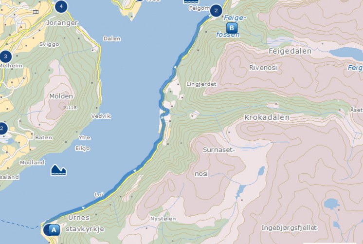 2-й день автопутешествия. Автомобильный маршрут на второй день (от поселка Urnes до водопада Feigefossen (14 км), а затем от водопада до горы Molden (54 км))